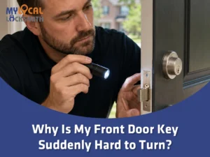 Front Door Key Suddenly Hard to Turn - My Local Locksmith - My Local Locksmith Why is my front door key suddenly hard to turn? Arlington locksmith checks a worn key, deadbolt cylinder, and door alignment