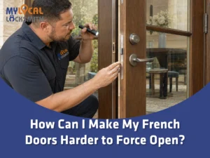 How Can I Make My French Doors Harder to Force Open? A locksmith inspects the doors in Flower Mound