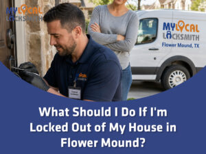 What To Do When You Are Locked Out Of Your House In Flower Mound - My Local Locksmith - My Local Locksmith Homeowner locked out of house in Flower Mound waiting safely for a licensed locksmith
