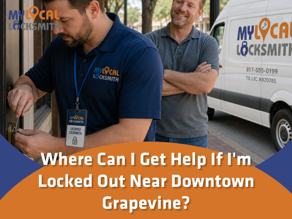 Person locked out near downtown Grapevine waiting safely on Main Street for a locksmith